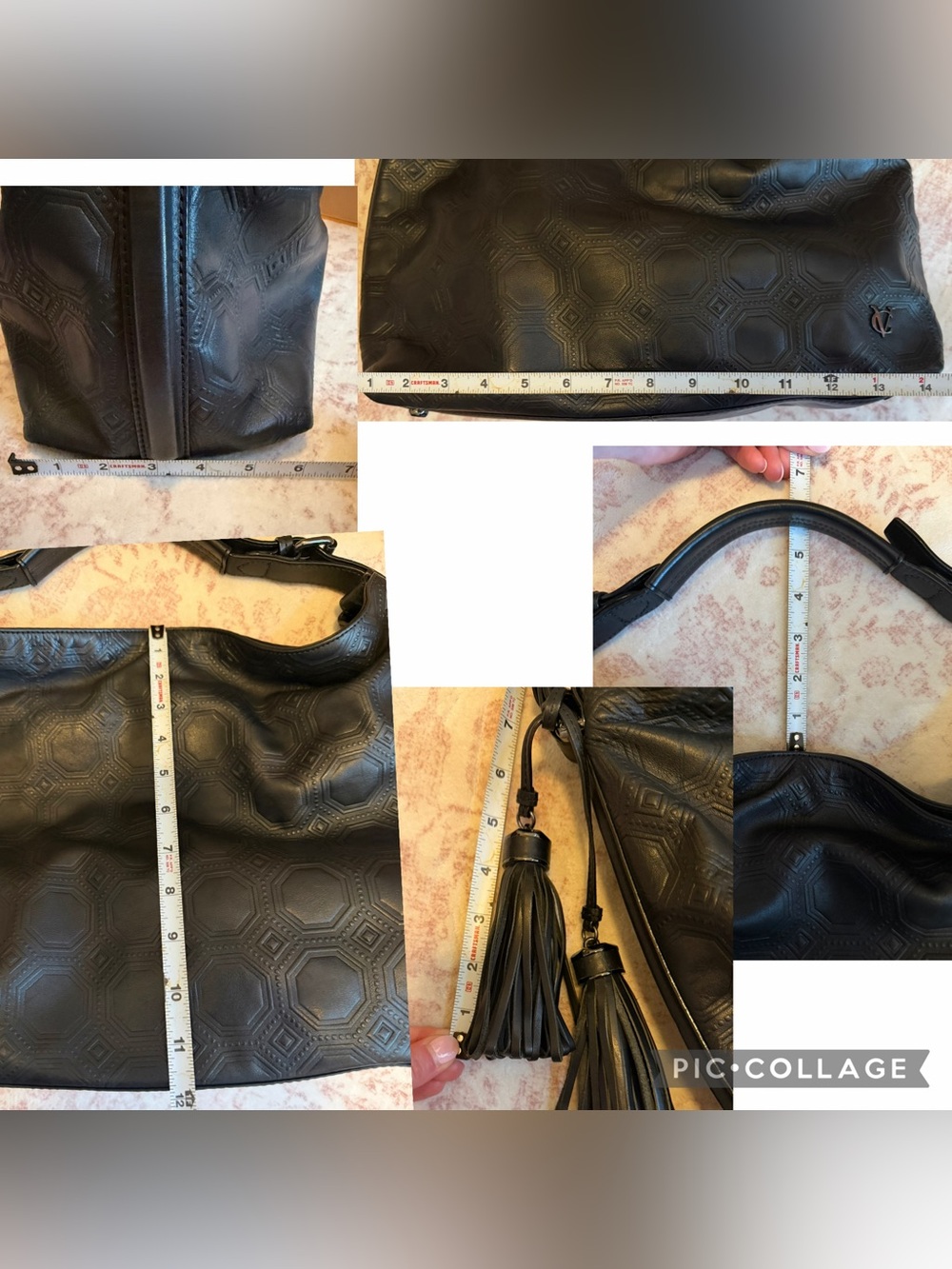 Vince Camuto Signature Black Embossed Leather Hobo Bag with Removable Tassels - Picture 11 of 11